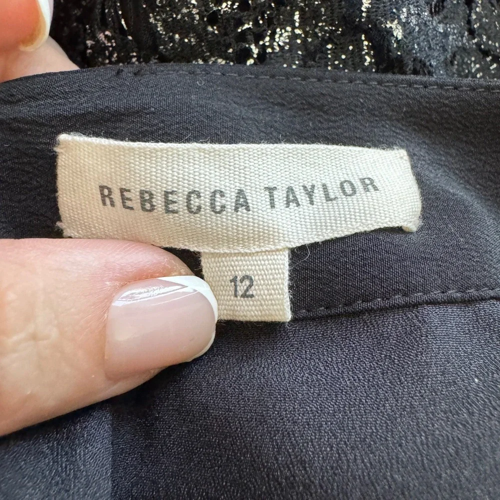 Rebecca Taylor Metallic Lace Silk Stripe‎ Midi Skirt Black Silver 12 Party Glam